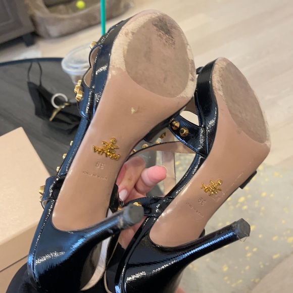 Prada Black Leather Gold Studded Heels - Picture 5 of 6